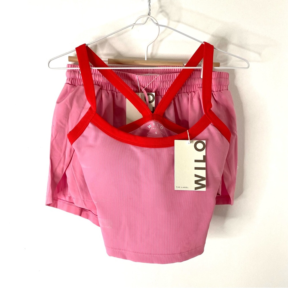 Wilo The Label Ribbed Scoop Crop & Shorts Set NWT Red Trim Pink
